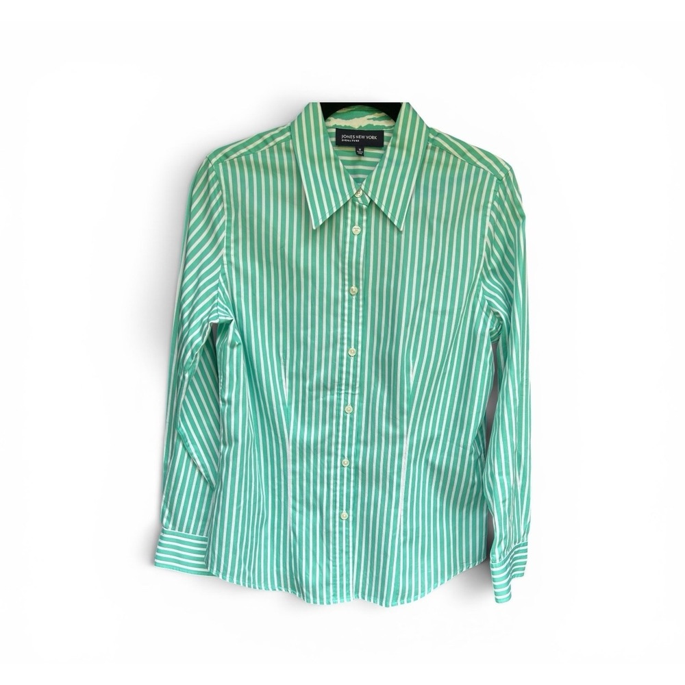 Jones New York Signature NWT Seafoam Green White Striped Button Shirt Medium M - Picture 3 of 11